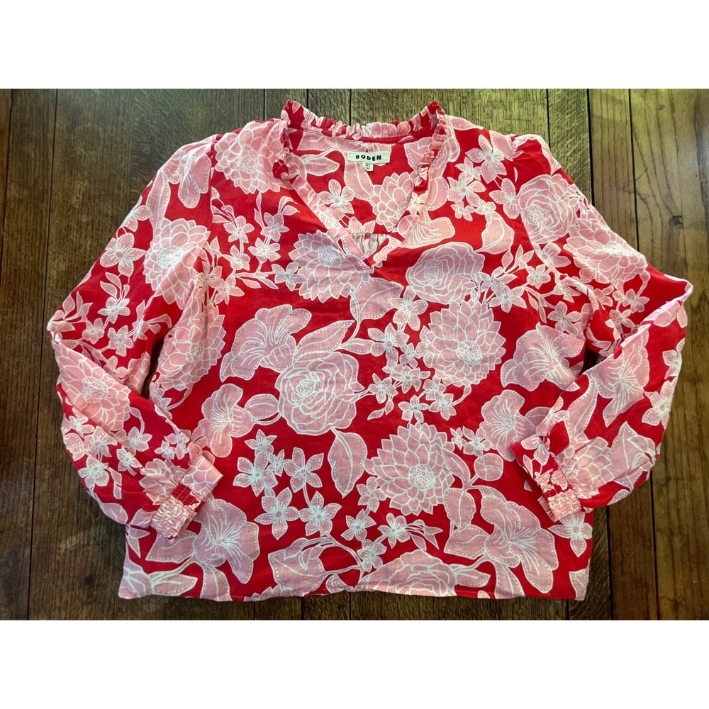 Boden Grace 100% Linen long sleeve pink red floral V-Neck blouse vacation US 14
